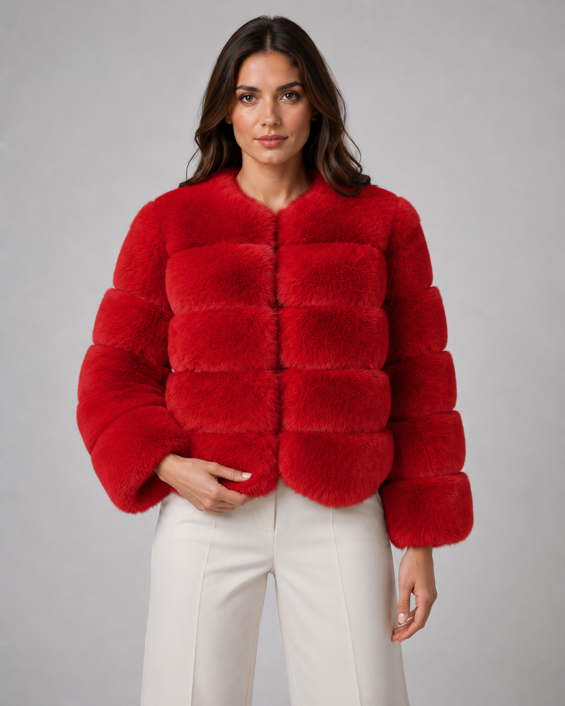 Mireille | Plush Collarless Cropped Faux Fur Jacket