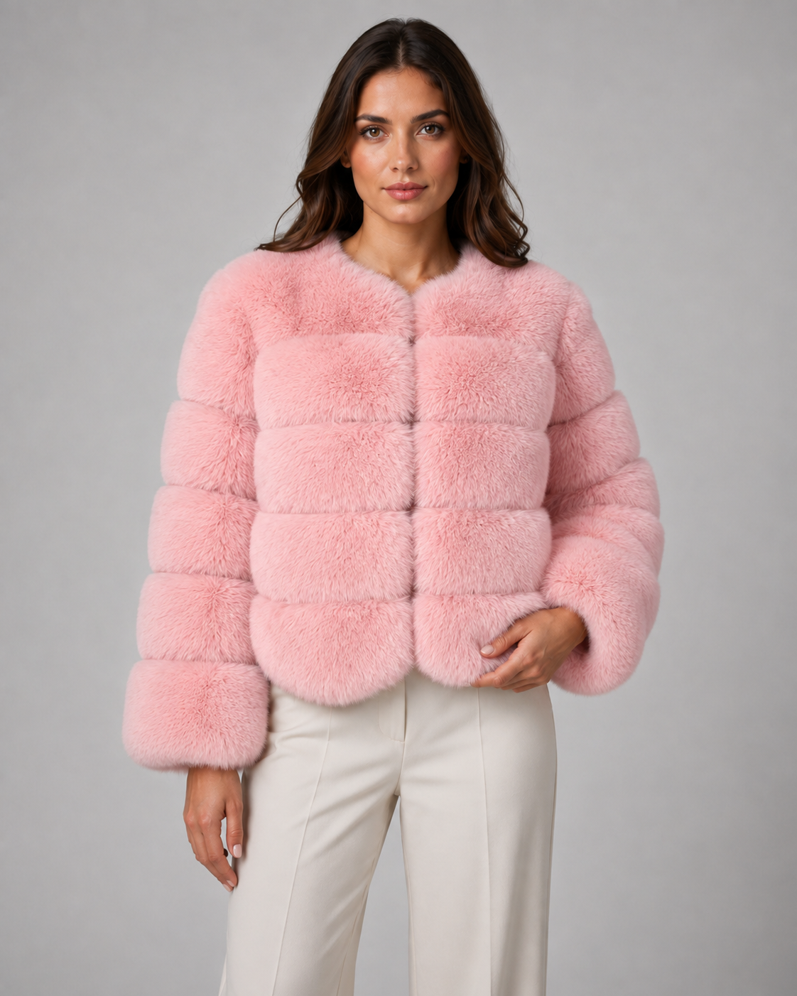 Mireille | Plush Collarless Cropped Faux Fur Jacket