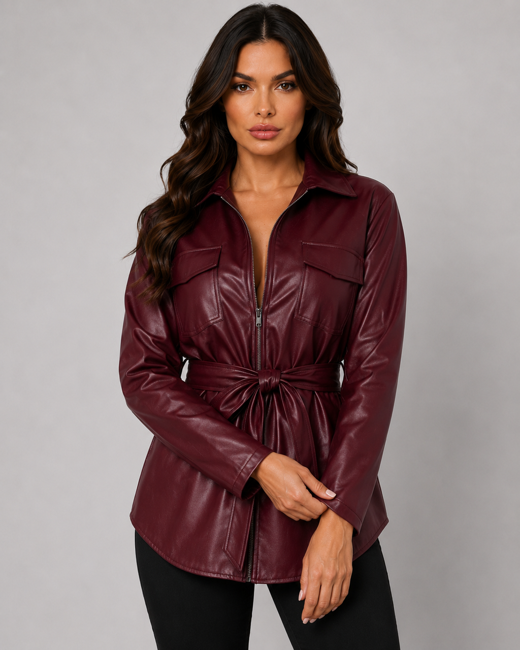 Saoirse | Faux Leather Tie Waist Shirt Jacket
