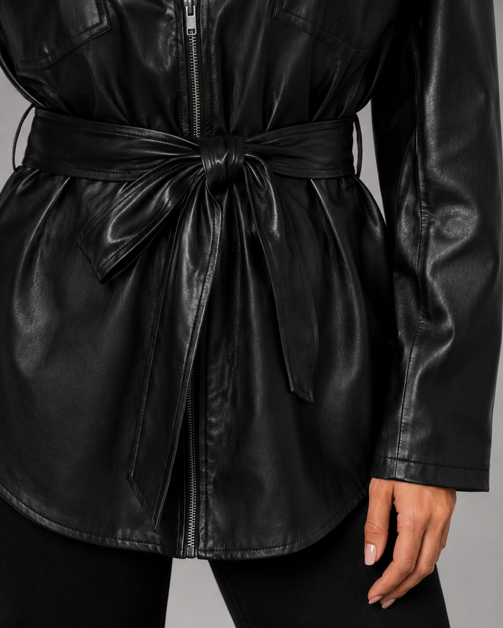 Saoirse | Faux Leather Tie Waist Shirt Jacket