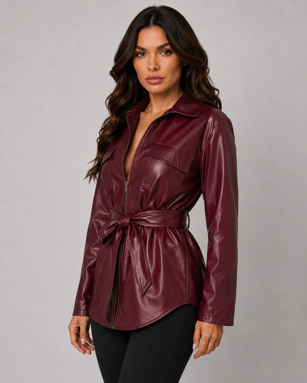 Saoirse | Faux Leather Tie Waist Shirt Jacket