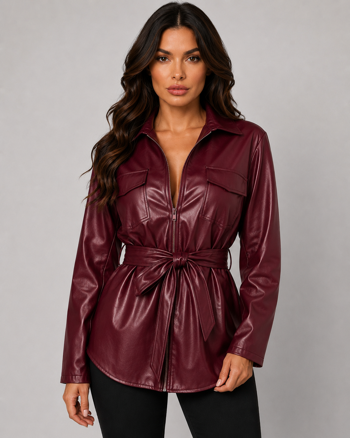 Saoirse | Faux Leather Tie Waist Shirt Jacket