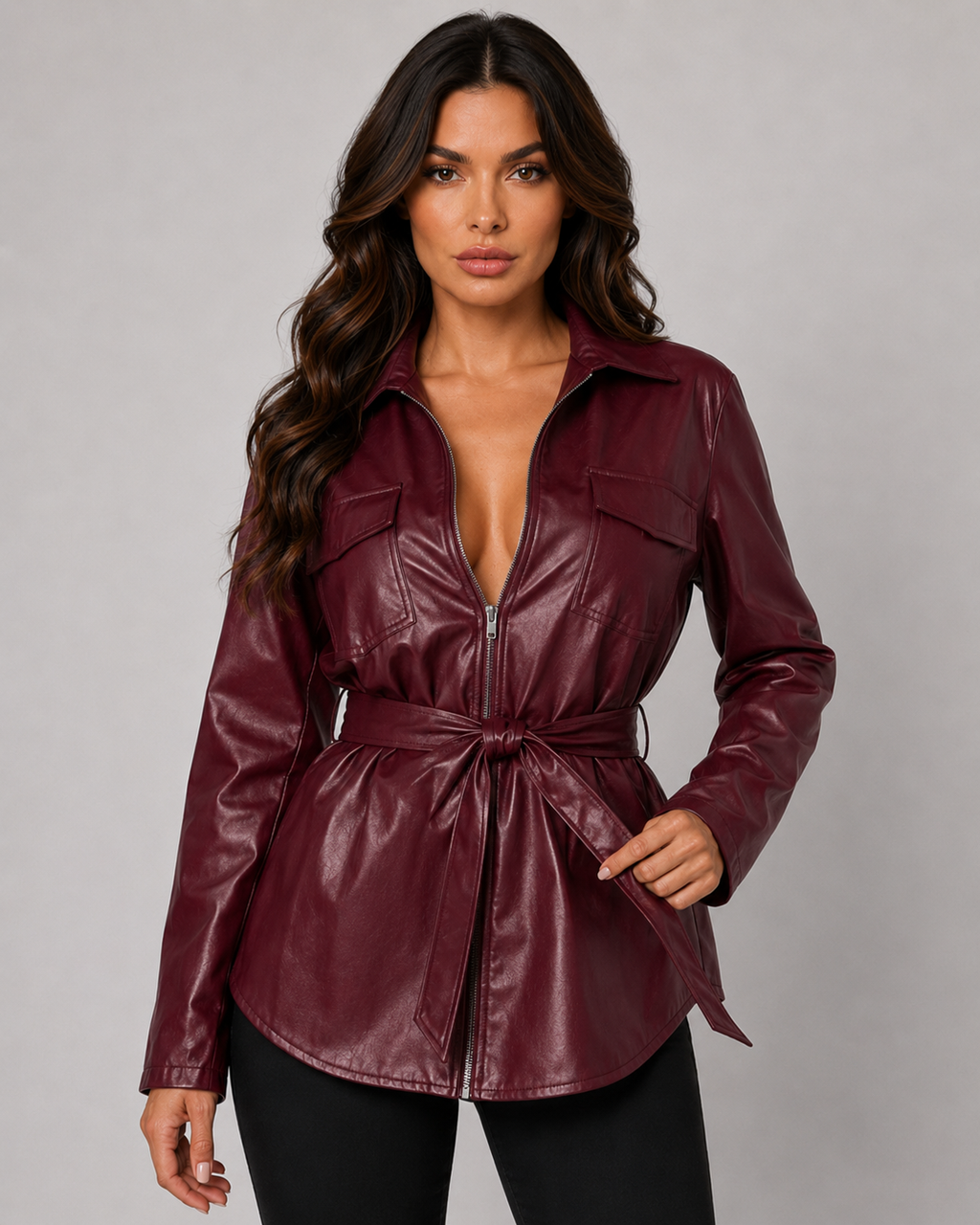 Saoirse | Faux Leather Tie Waist Shirt Jacket