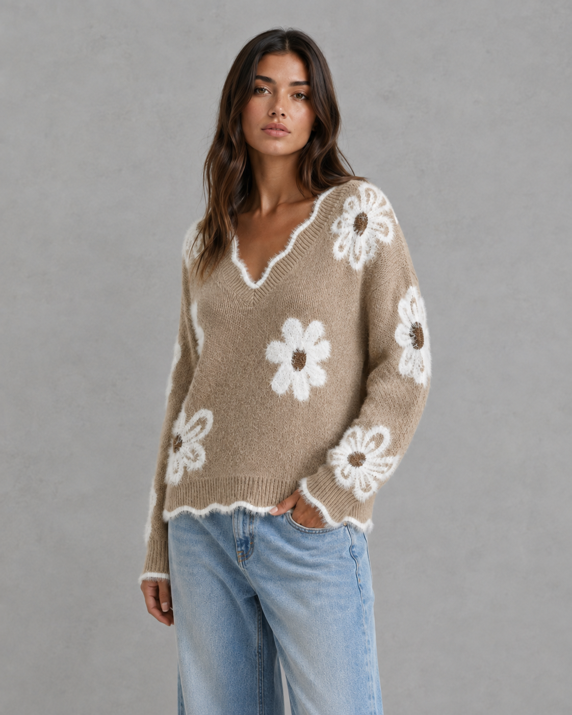 Esme | Floral Knit V-Neck Sweater