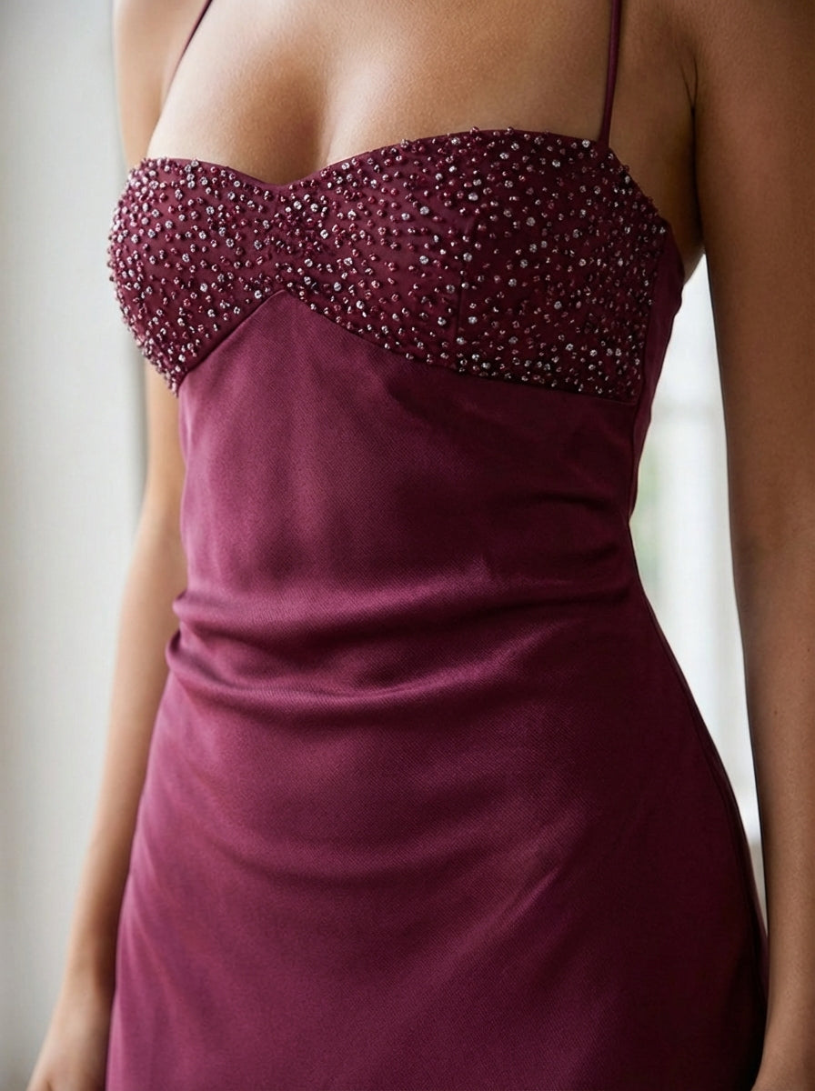 Margot | Beaded Satin Halter Maxi Dress