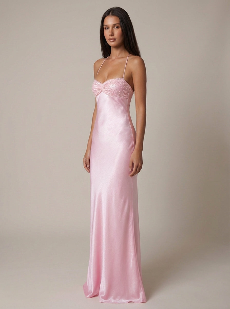 Margot | Beaded Satin Halter Maxi Dress