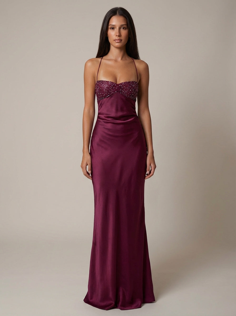 Margot | Beaded Satin Halter Maxi Dress