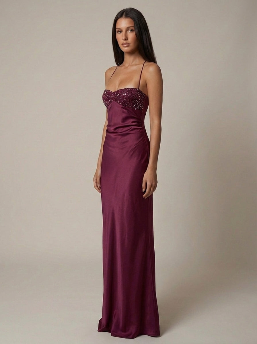 Margot | Beaded Satin Halter Maxi Dress