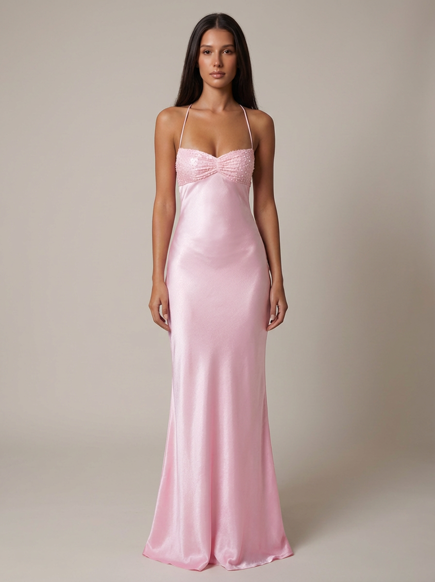 Margot | Beaded Satin Halter Maxi Dress