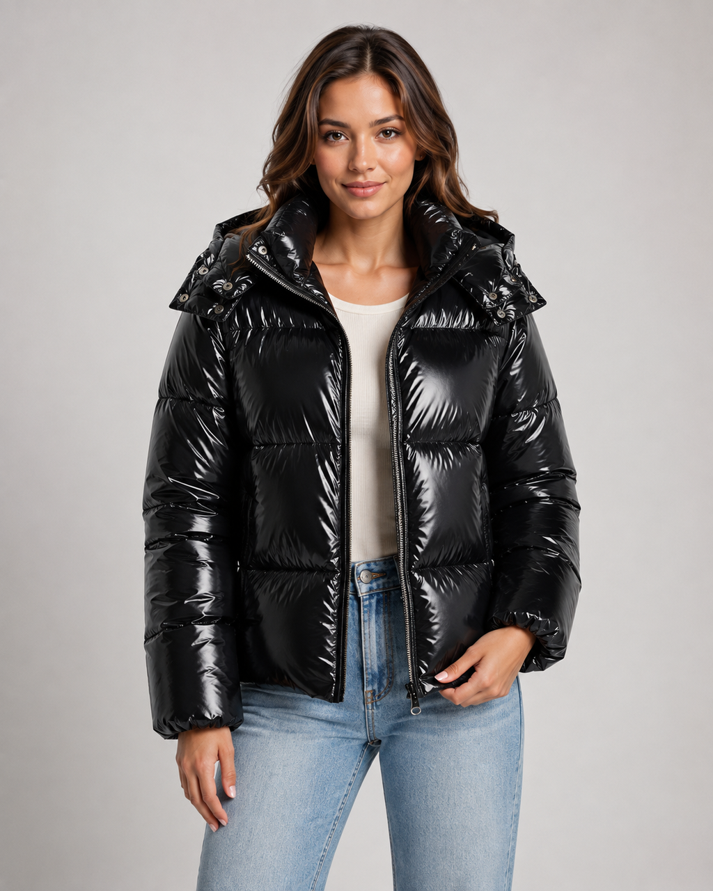 Kendra | Glossy Cropped Hooded Puffer Jacket
