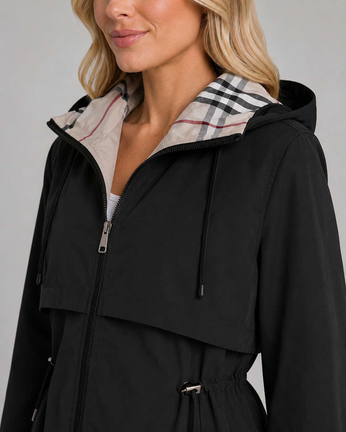 Nerissa | Check-Lined Hooded Trench Coat