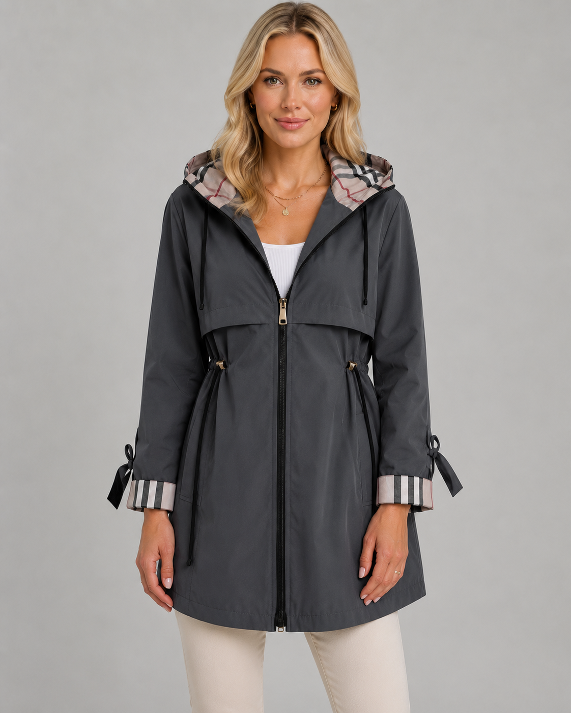 Nerissa | Check-Lined Hooded Trench Coat