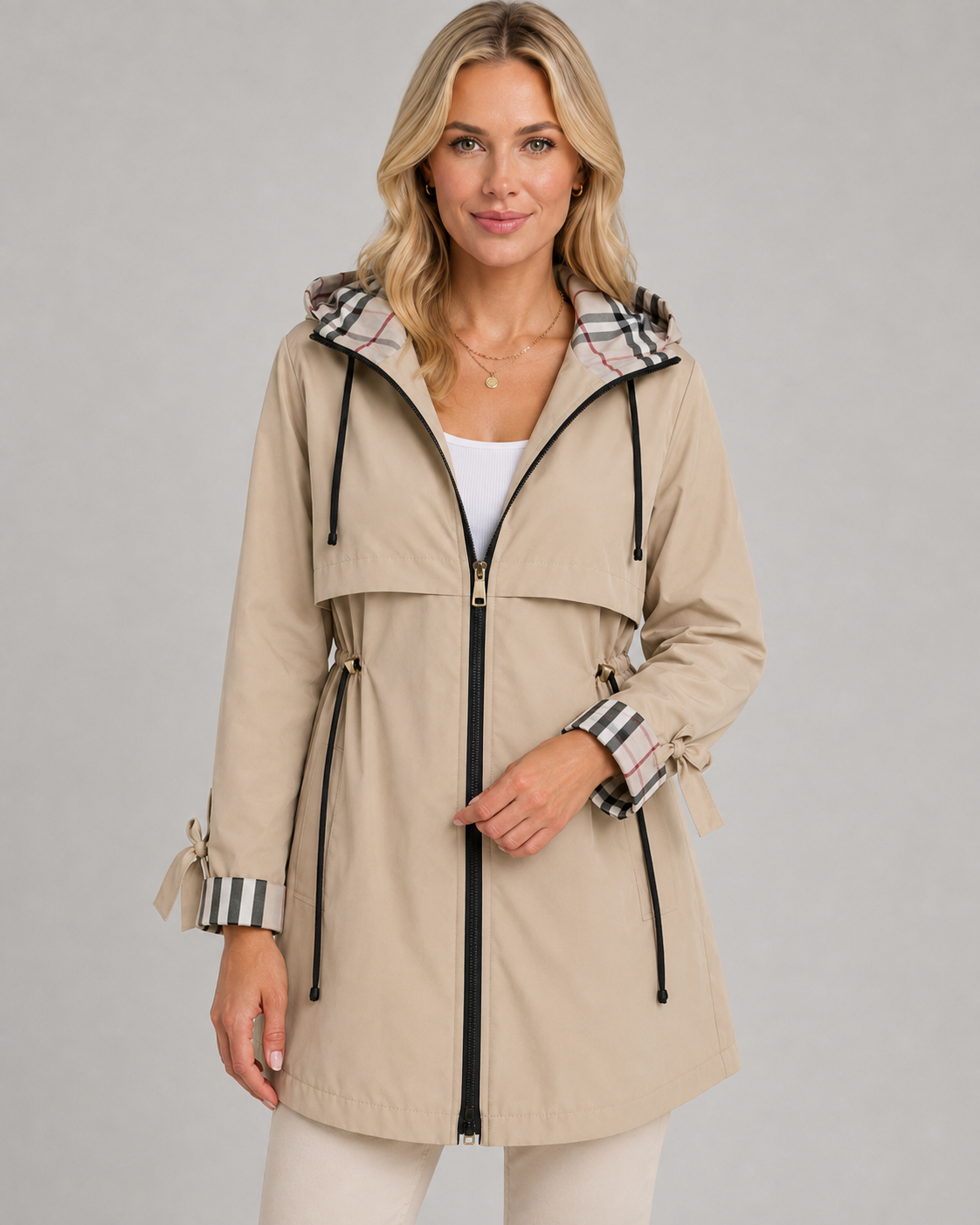 Nerissa | Check-Lined Hooded Trench Coat