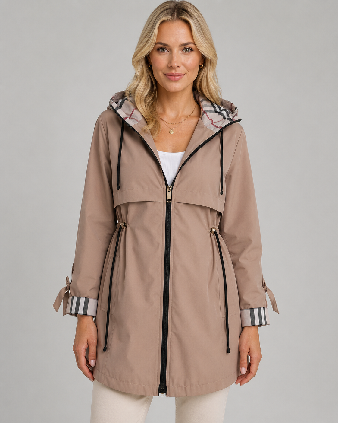 Nerissa | Check-Lined Hooded Trench Coat