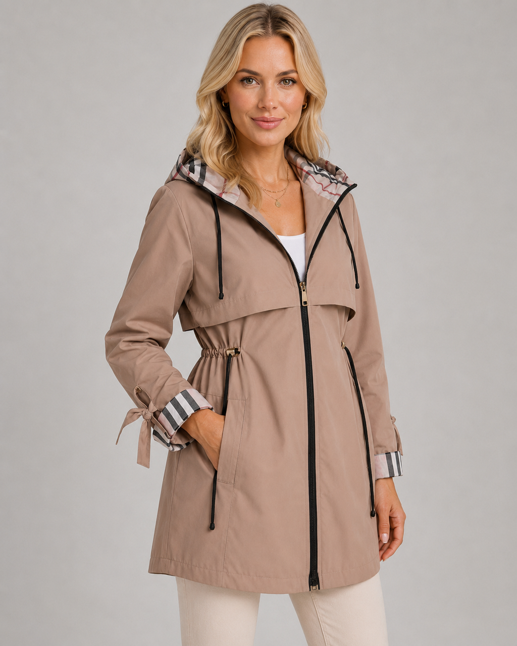 Nerissa | Check-Lined Hooded Trench Coat