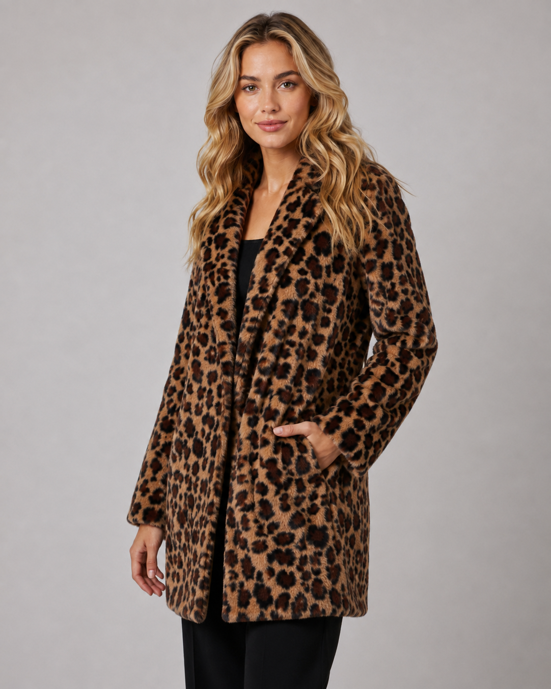 Dahlia | Longline Leopard Print Faux Fur Coat