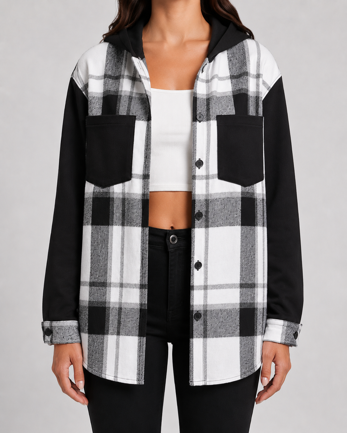 Marceline | Plaid Hooded Shacket with Contrast Sleeves