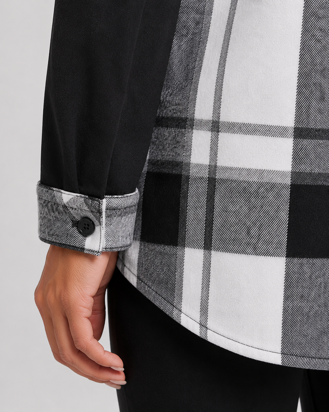 Marceline | Plaid Hooded Shacket with Contrast Sleeves
