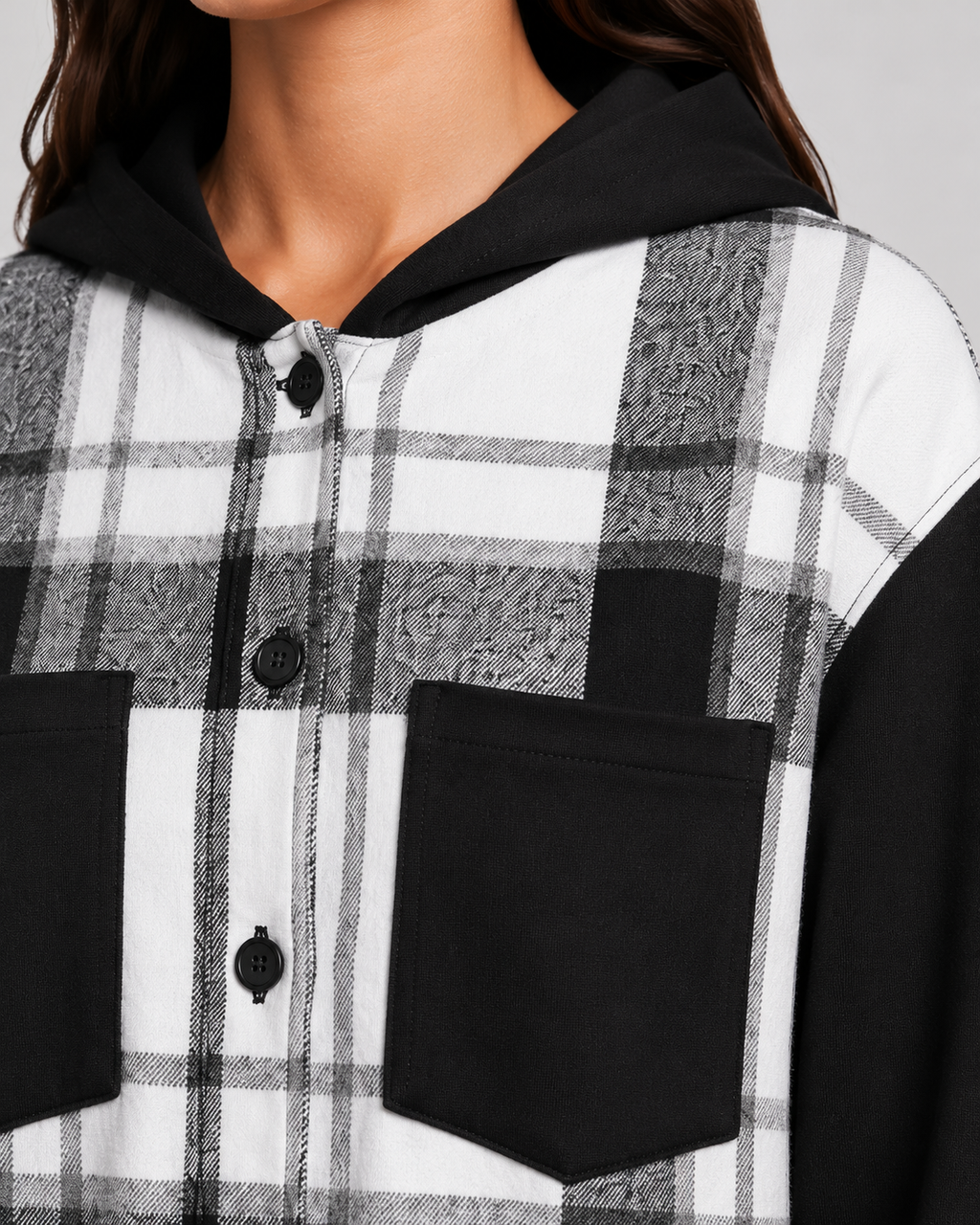 Marceline | Plaid Hooded Shacket with Contrast Sleeves