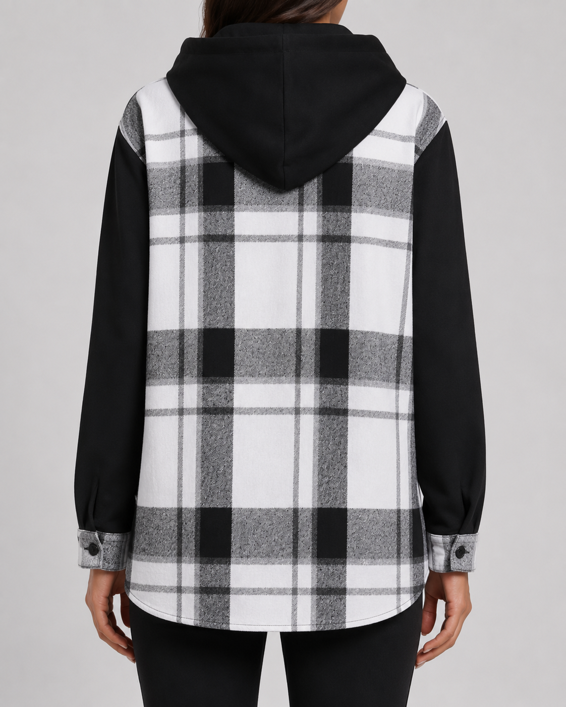 Marceline | Plaid Hooded Shacket with Contrast Sleeves