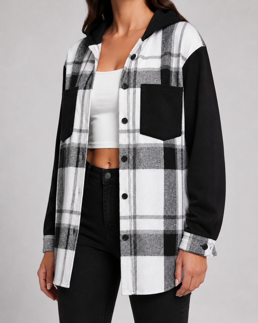Marceline | Plaid Hooded Shacket with Contrast Sleeves