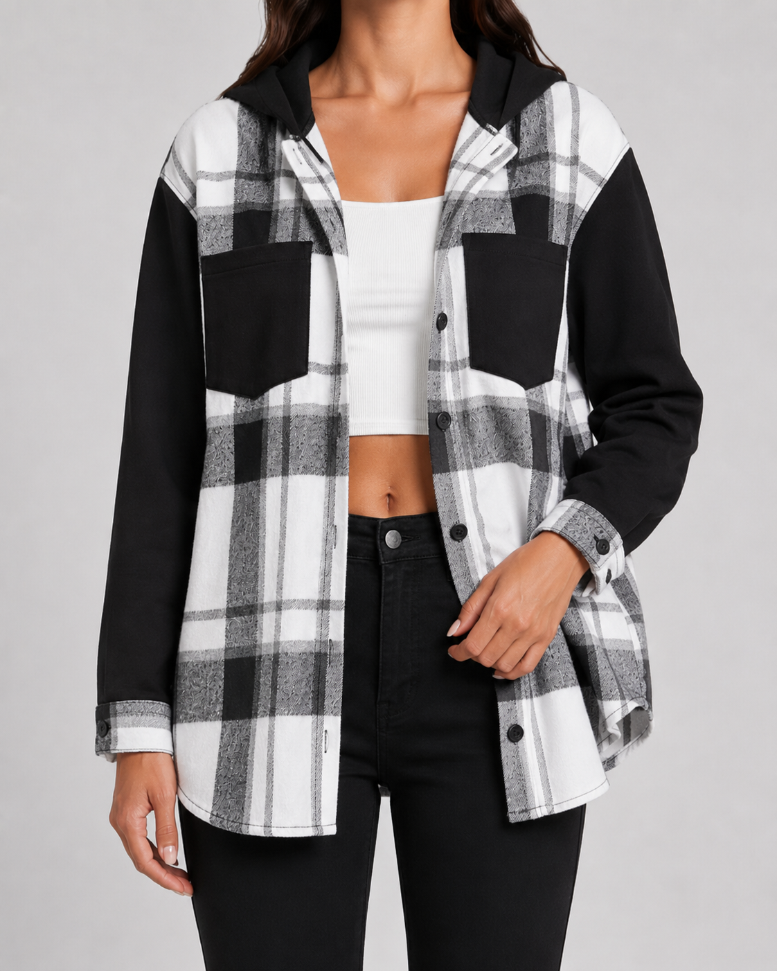 Marceline | Plaid Hooded Shacket with Contrast Sleeves