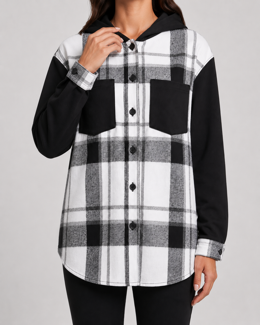 Marceline | Plaid Hooded Shacket with Contrast Sleeves