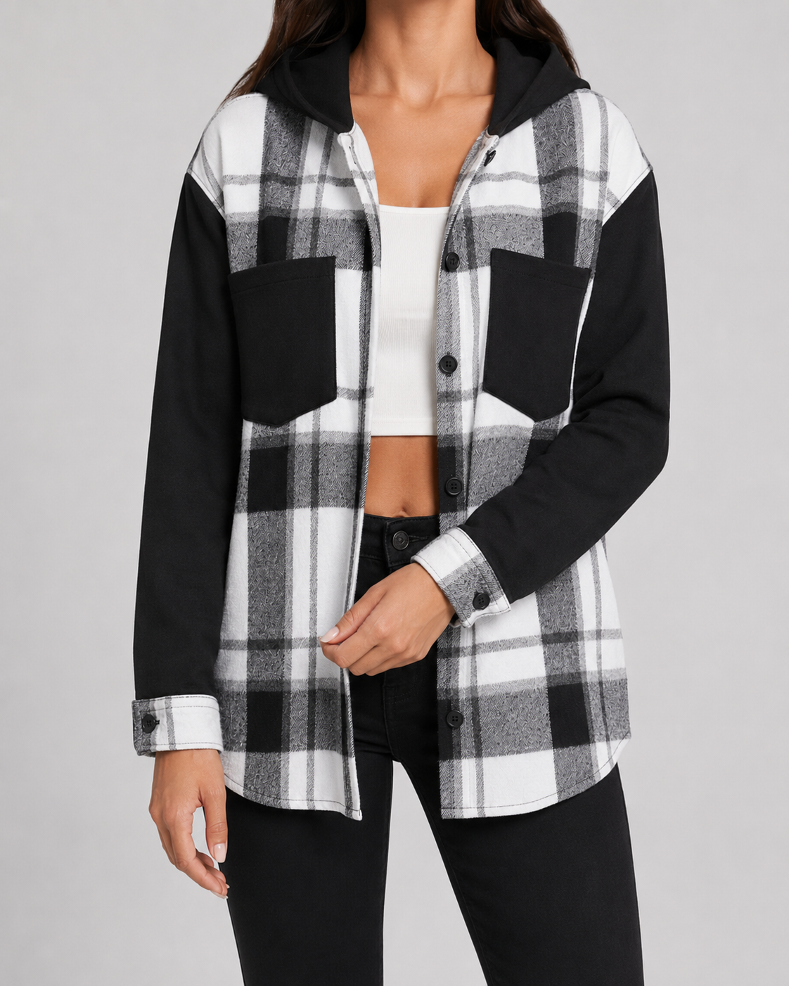 Marceline | Plaid Hooded Shacket with Contrast Sleeves