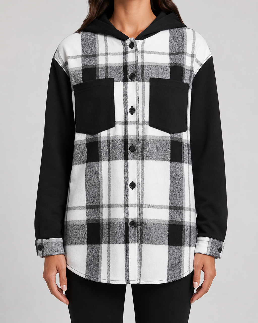 Marceline | Plaid Hooded Shacket with Contrast Sleeves