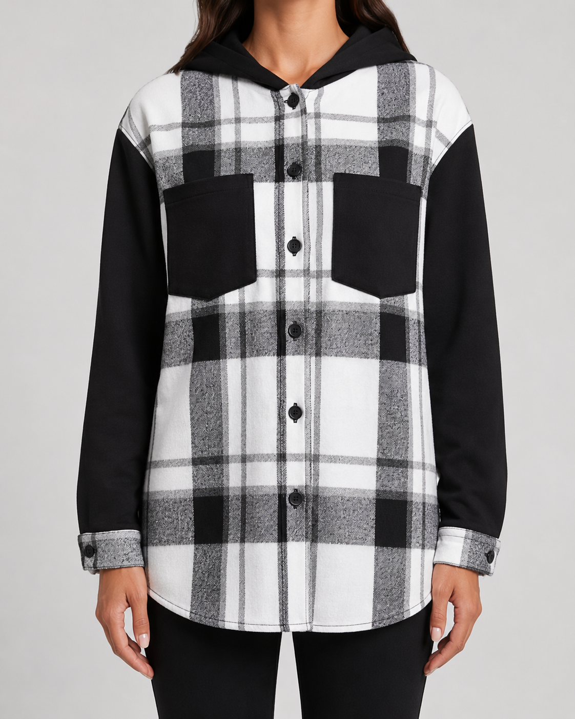 Marceline | Plaid Hooded Shacket with Contrast Sleeves