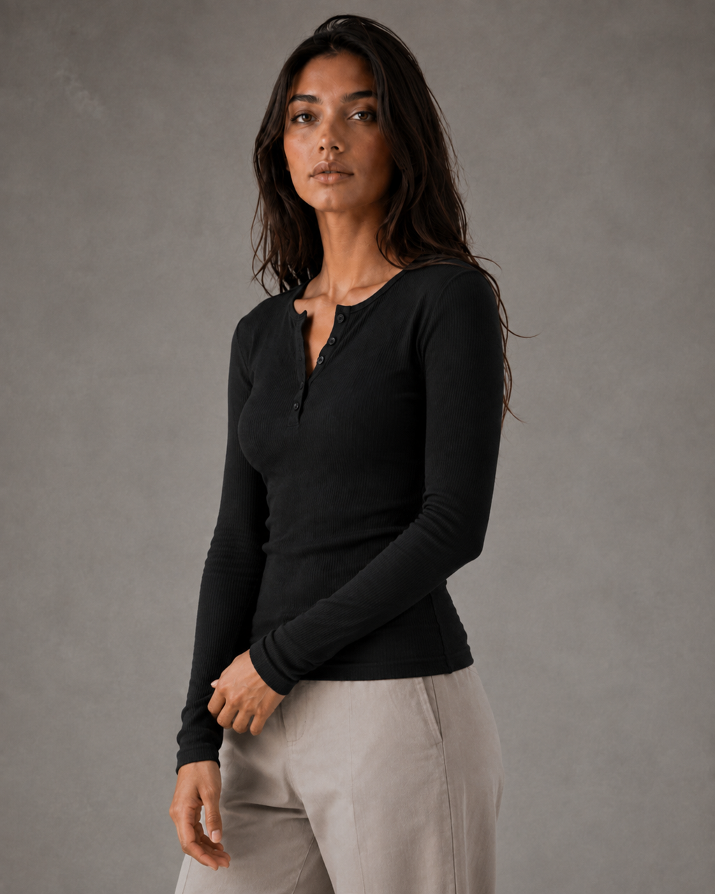 Beatrice | Ribbed Henley Long Sleeve Top