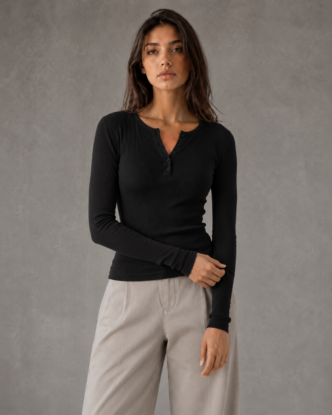 Beatrice | Ribbed Henley Long Sleeve Top
