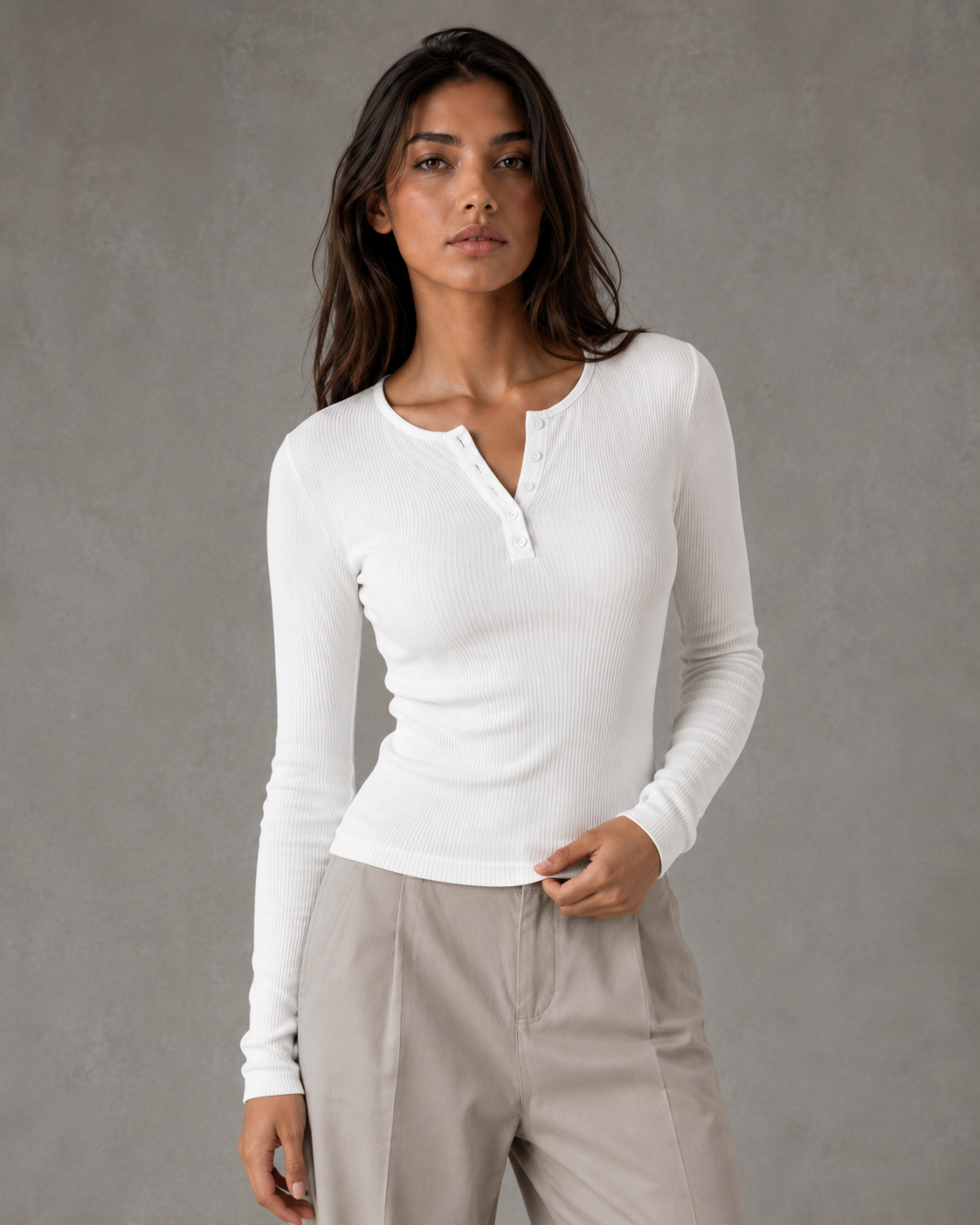 Beatrice | Ribbed Henley Long Sleeve Top