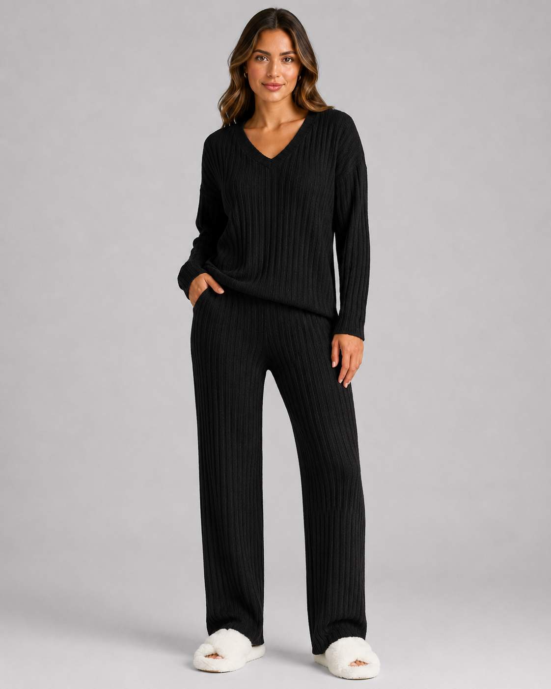 Petra | Ribbed V-Neck Knit Lounge Set