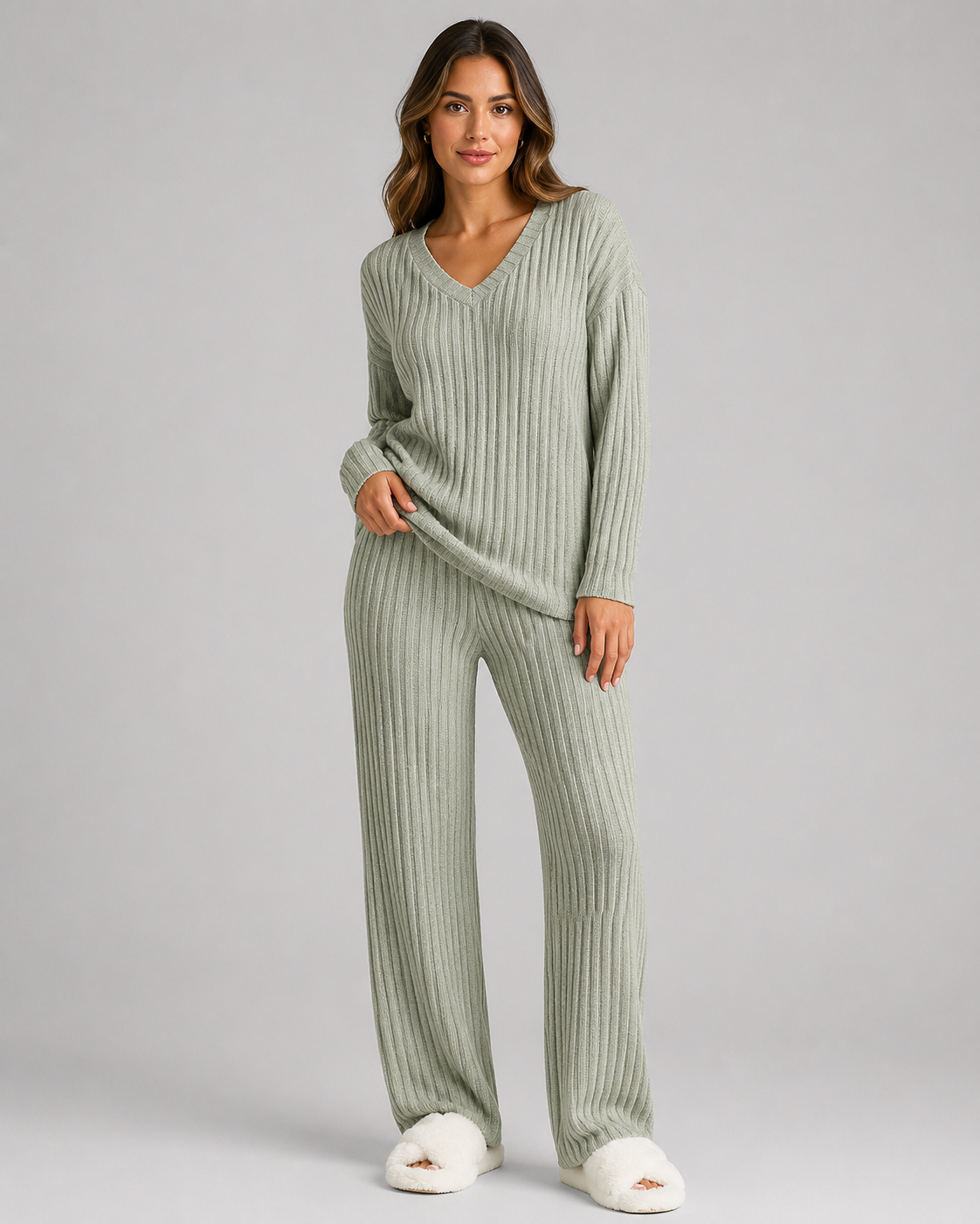 Petra | Ribbed V-Neck Knit Lounge Set