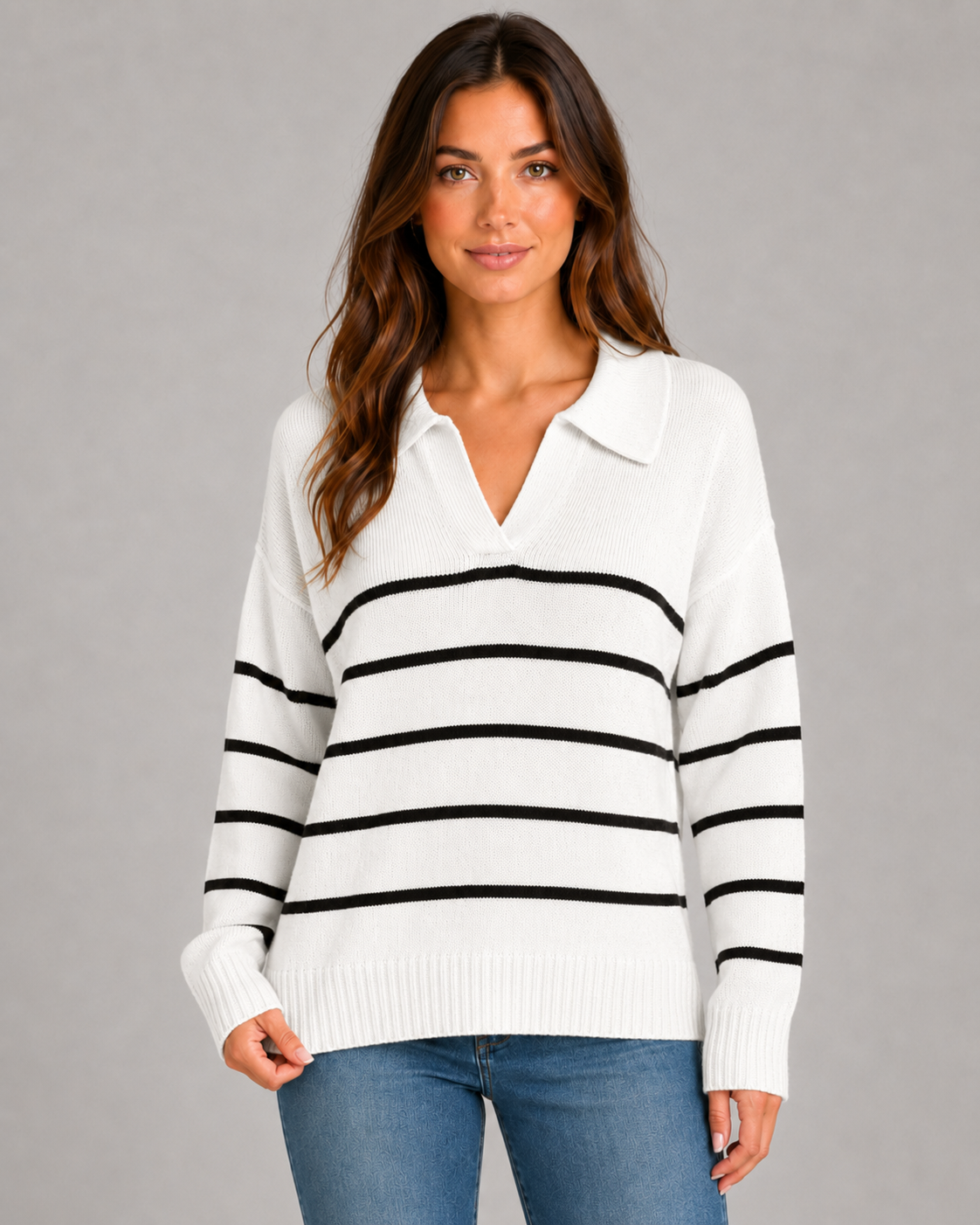 Wanda | Striped Polo Collar Knit Sweater