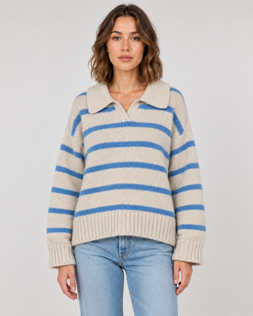 Zinnia | Striped Polo Collar Knit Sweater