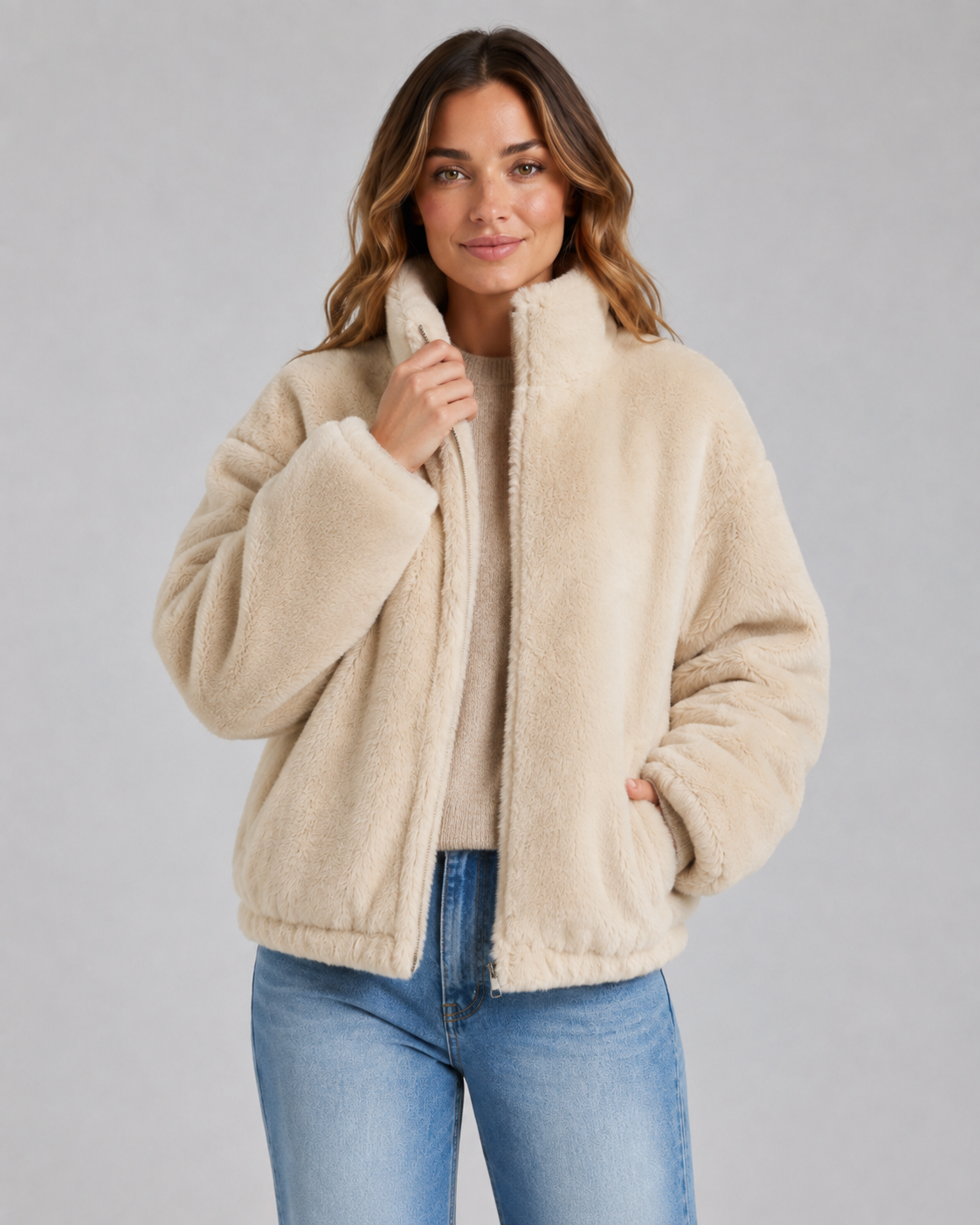 Bellamy | Cropped Teddy Funnel Neck Jacket