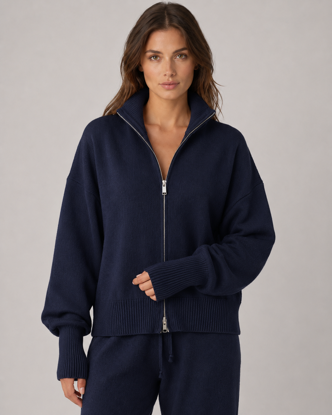 Marlowe | Funnel Neck Zip-Up Knit Cardigan