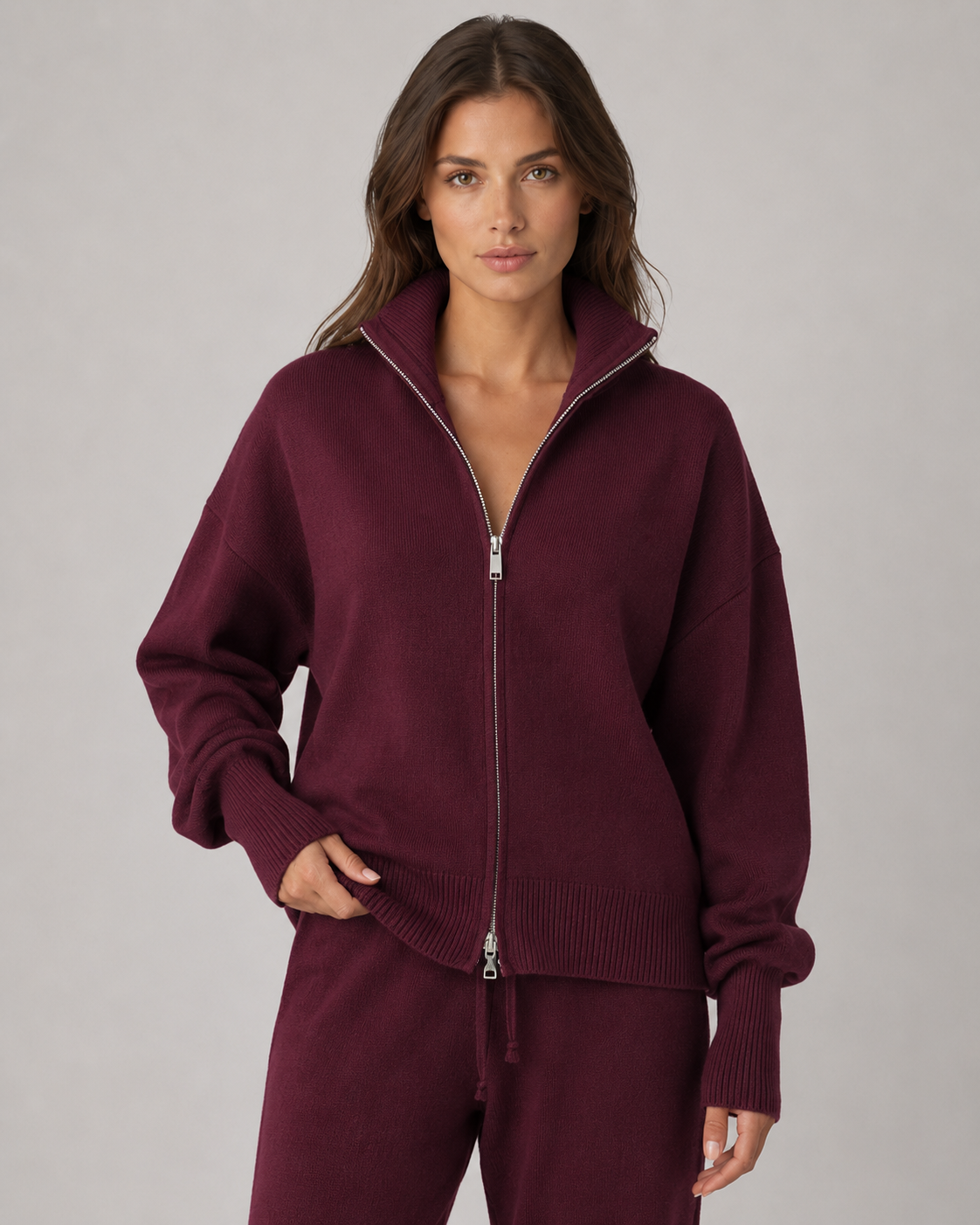 Marlowe | Funnel Neck Zip-Up Knit Cardigan